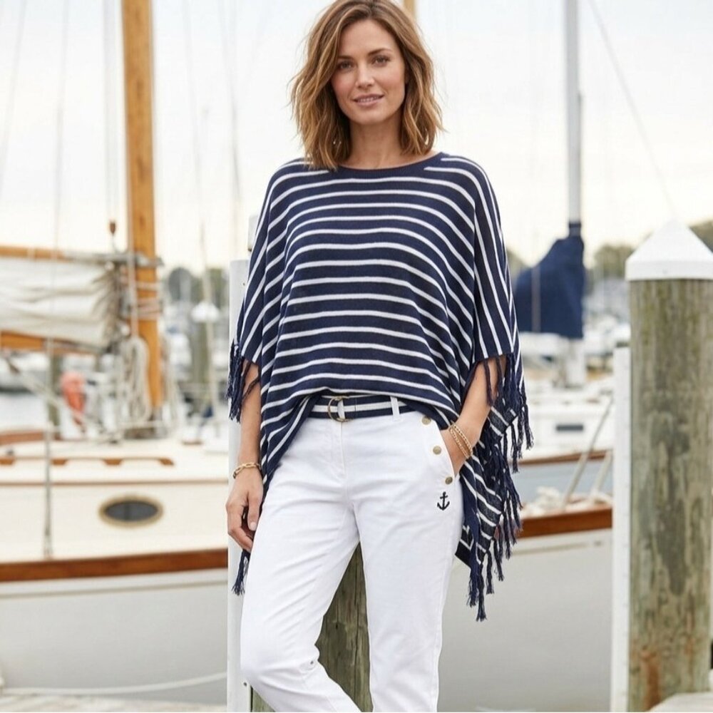 Talbots XS Blue White Striped Linen Blend Poncho Fringe Nautical Preppy Classic - Picture 8 of 8